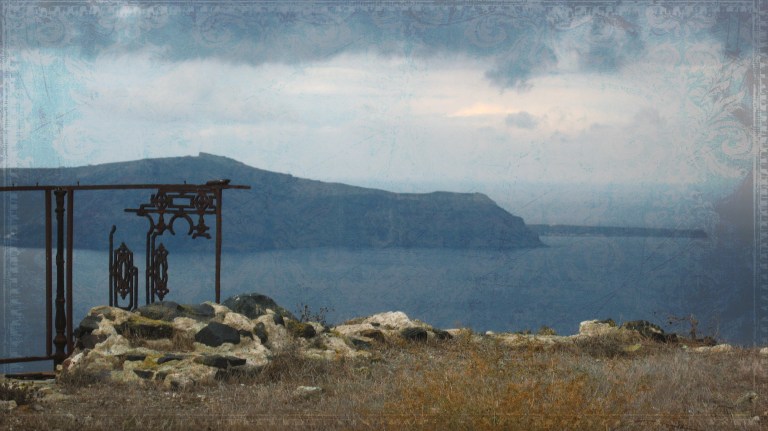 Santorini cloudy day. Thirassia