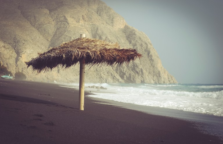 Santorini Perissa beach in winter time