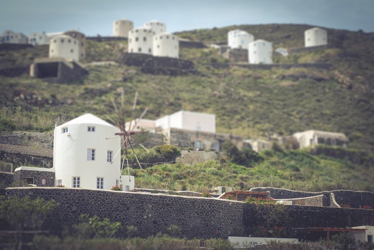 Santorini windmill hotel on the road to Oia village