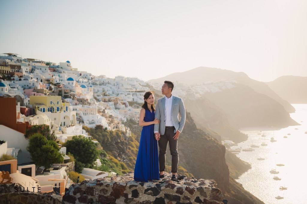 Santorini honeymoon photoshoot in Oia with caldera view.