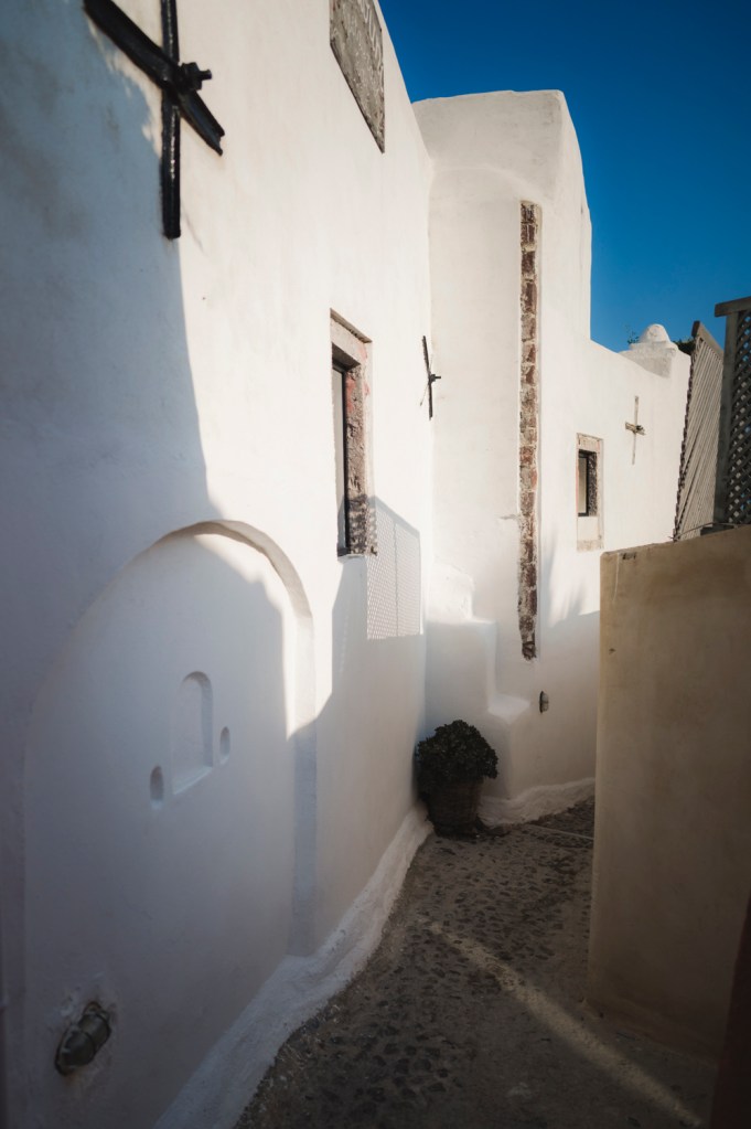 Narrow streets in Santorini.